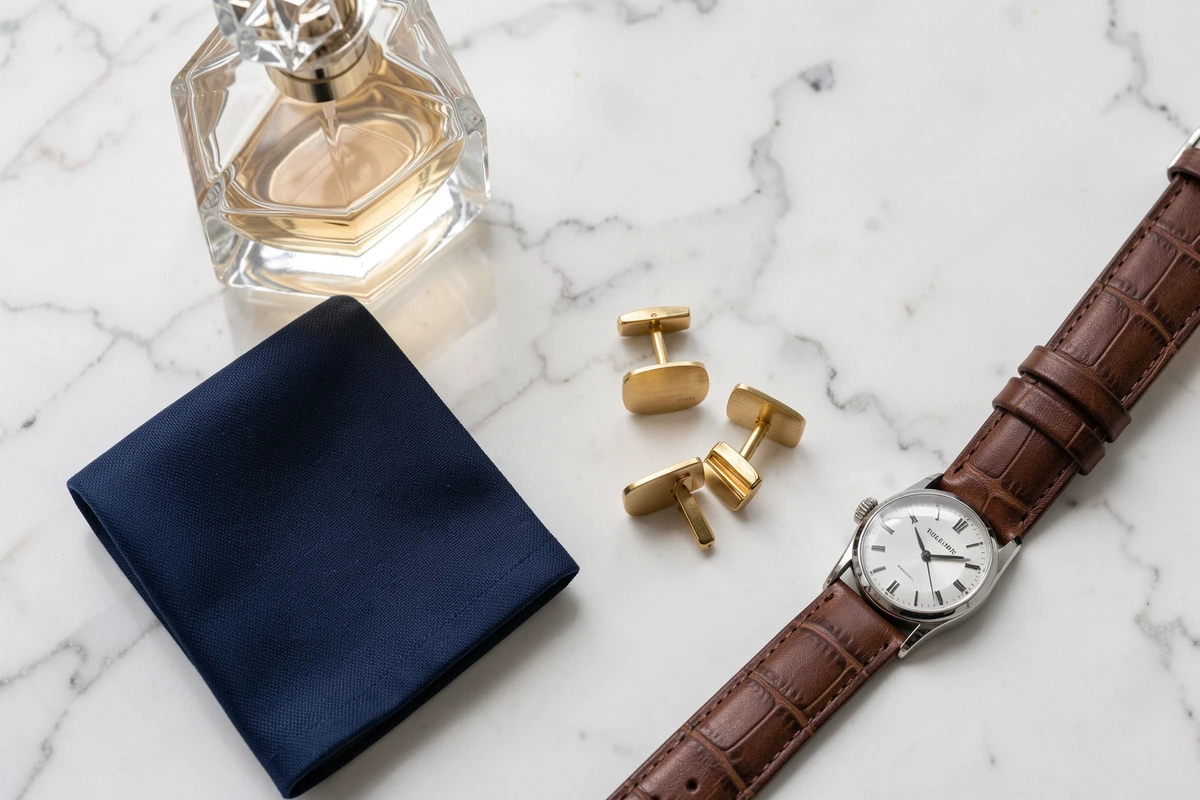 Composition flat-lay d'accessoires de luxe parisiens sur marbre blanc, flacon de parfum, boutons de manchette dorés et montre