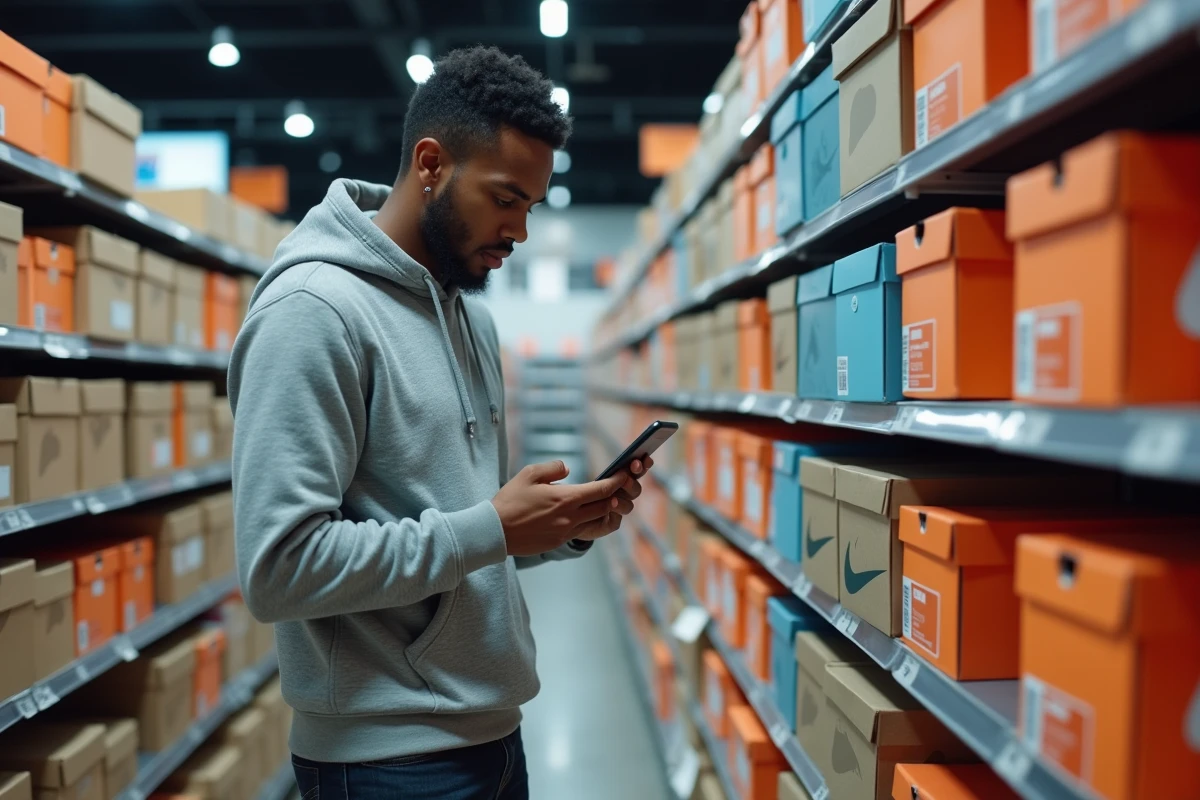 Un acheteur scannant un code-barres UPC Nike en magasin avec son smartphone pour comparer les versions US et européenne