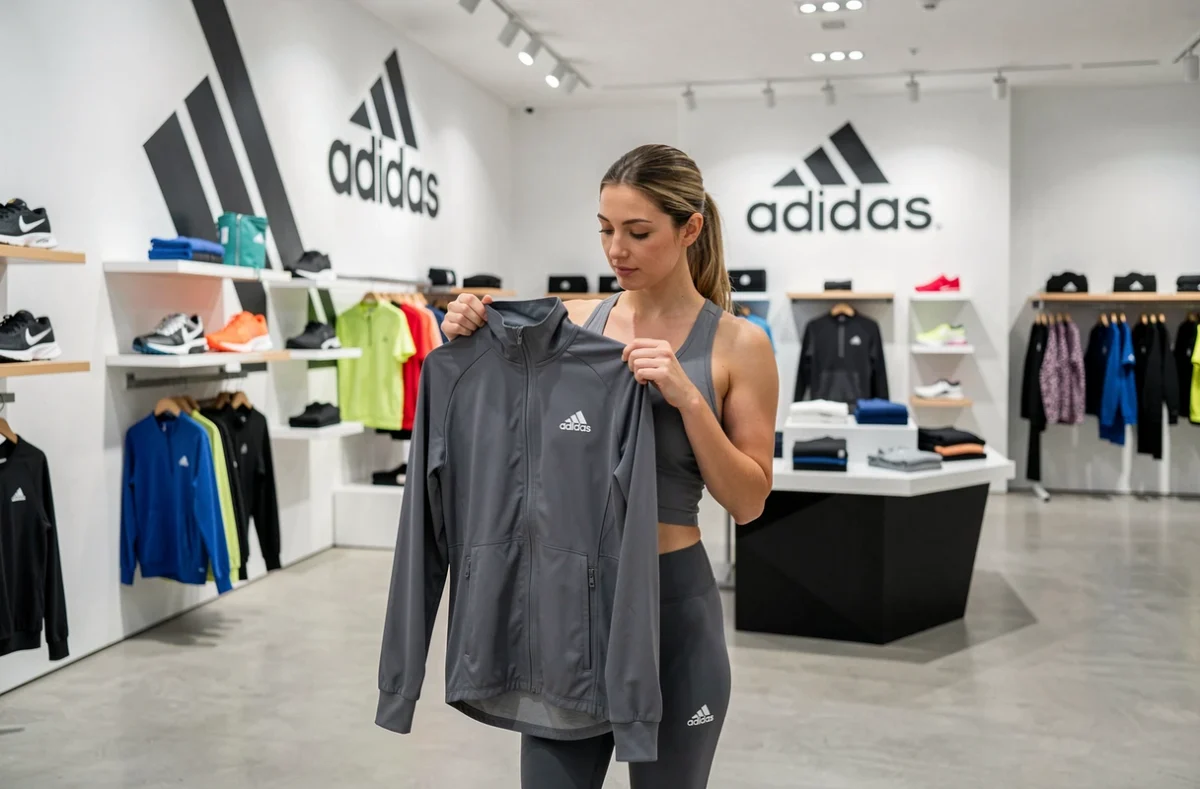 Cliente examinant une veste de running dans le magasin Adidas de Lyon