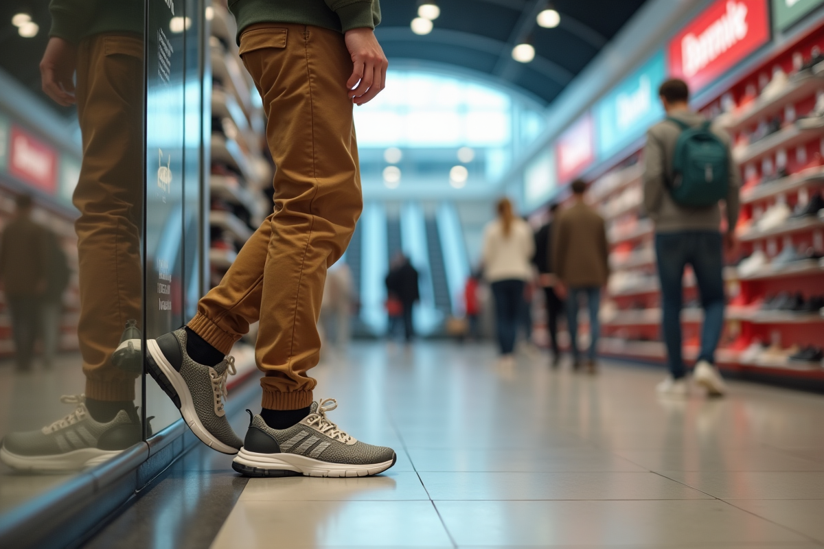 Adolescent en hoodie lacent des baskets dans un centre commercial