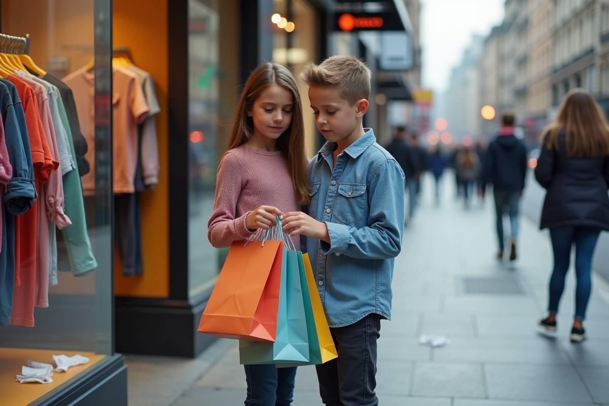 Adolescents examinant un vêtement déchiré devant un magasin