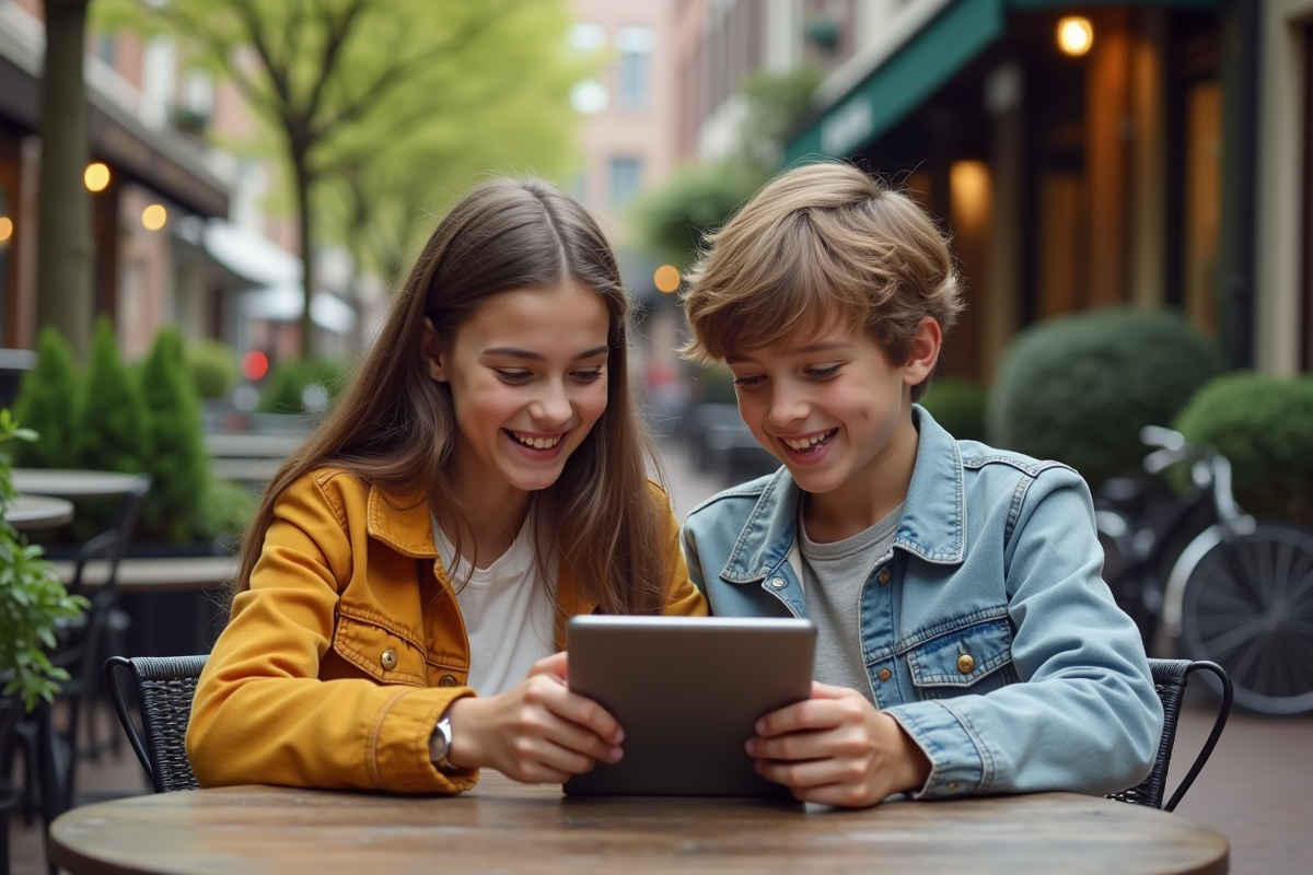 Adolescents assis au café en riant avec tablette en main