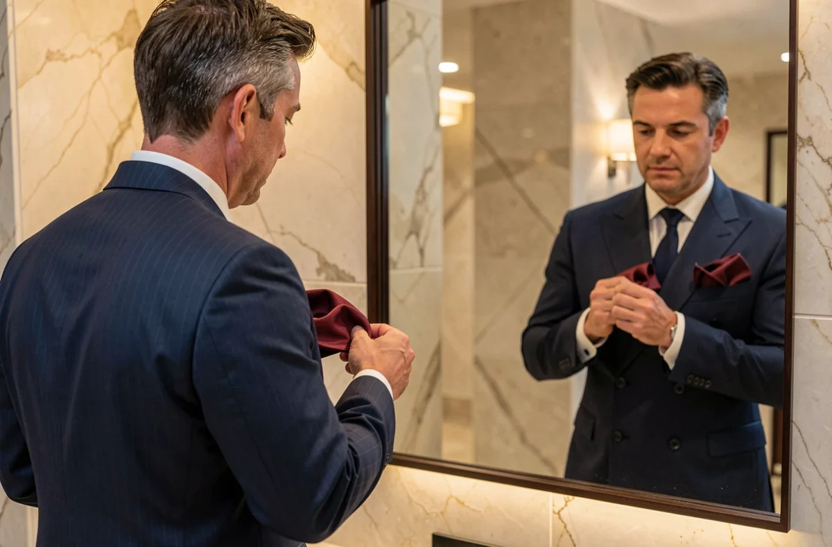 Homme en costume bleu marine ajustant une pochette en soie bordeaux devant un miroir dans un lobby d'hôtel élégant