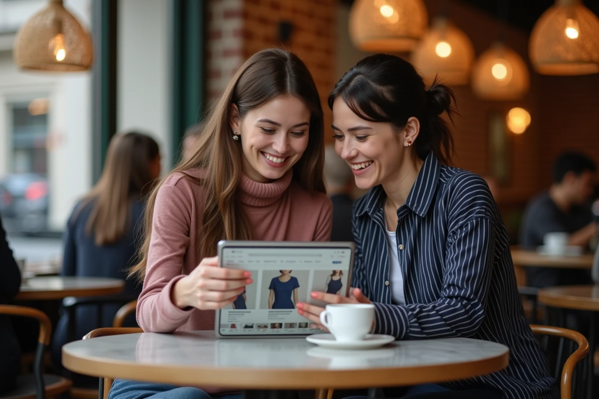Deux femmes comparant les avis et photos clients d'une robe sur une tablette dans un café avant de passer commande en ligne