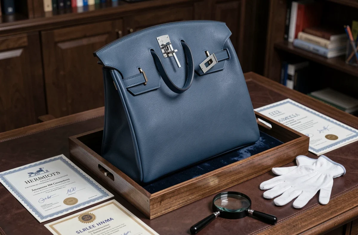 Sac Hermès Birkin 30 en swift bleu nuit ouvert sur plateau de velours entouré d'outils d'authentification dans un bureau luxueux