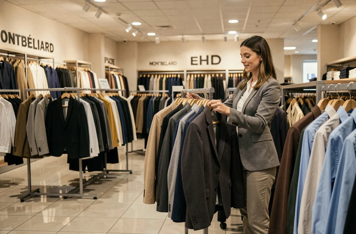Intérieur de la boutique multimarques Aux Galeries avec des rayons de prêt-à-porter à Montbéliard