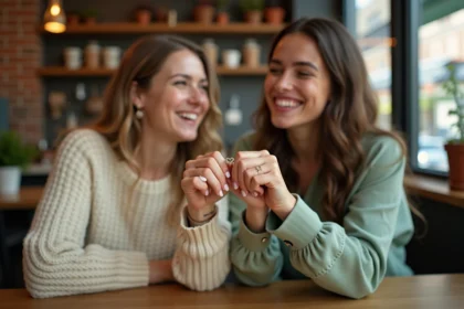 Deux amies tenant une bague cœur d'amitié entre leurs doigts dans un café cosy, riant ensemble