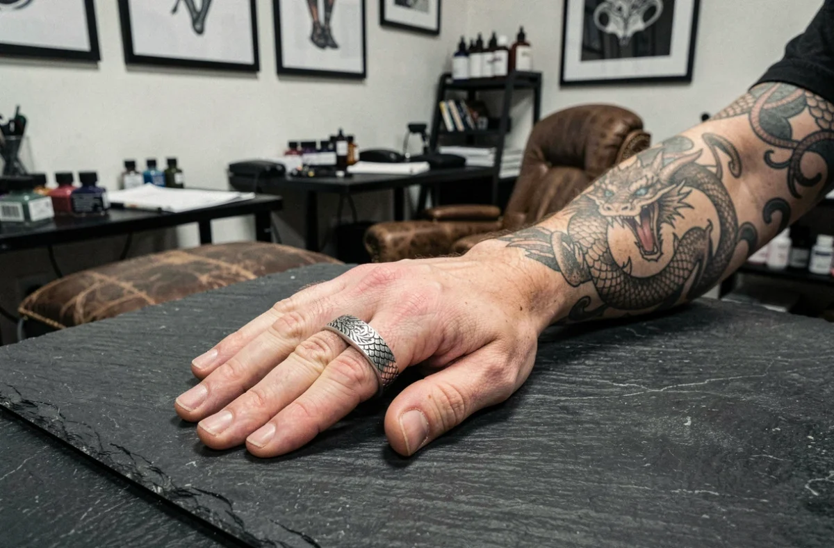Homme avec tatouage sleeve dragon et bague dragon en argent gravé, association bijou et tatouage en studio
