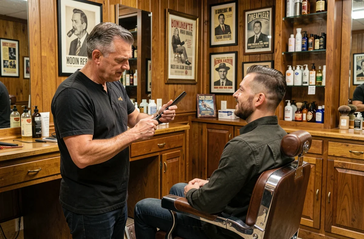 Barbier expliquant à son client comment entretenir une coupe homme courte entre deux visites