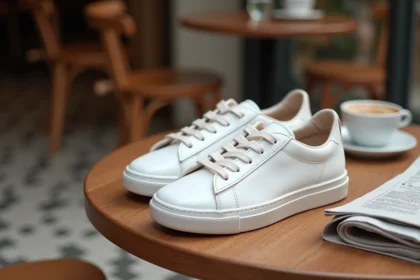 Paire de baskets vegan blanches minimalistes posée sur une table de café parisien, style éco-responsable et chic à la française