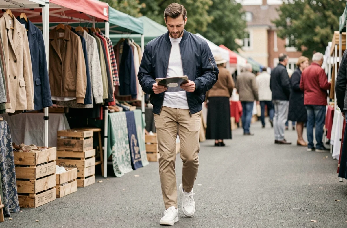 Homme en blouson bomber vintage bleu marine et baskets blanches dans un marché aux puces, style casual vintage