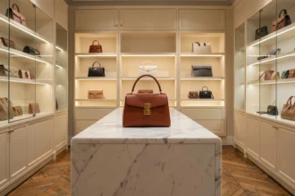 Intérieur d'une boutique de luxe parisienne avec un sac en cuir iconique sur un comptoir en marbre, atmosphère raffinée et élégante