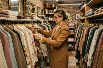 Femme explorant des vêtements vintage dans une boutique de seconde main chaleureuse des Hauts-de-France
