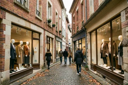 Rue commerçante pittoresque du Doubs avec des vitrines de boutiques de vêtements indépendantes