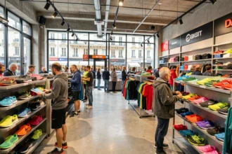 Vue d'ensemble d'une rue commerçante de Lyon avec des boutiques de vêtements et équipements de sport