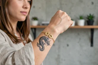 Femme portant un bracelet dragon en or assorti à un tatouage dragon sur l'avant-bras, harmonie bijou et encre