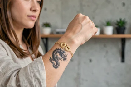 Femme portant un bracelet dragon en or assorti à un tatouage dragon sur l'avant-bras, harmonie bijou et encre