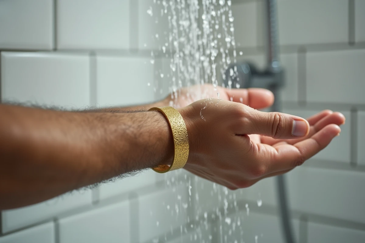 Bracelet en or plaqué 18 carats tenu sous l'eau d'une douche, illustrant les risques de l'exposition des bijoux à l'eau quotidienne