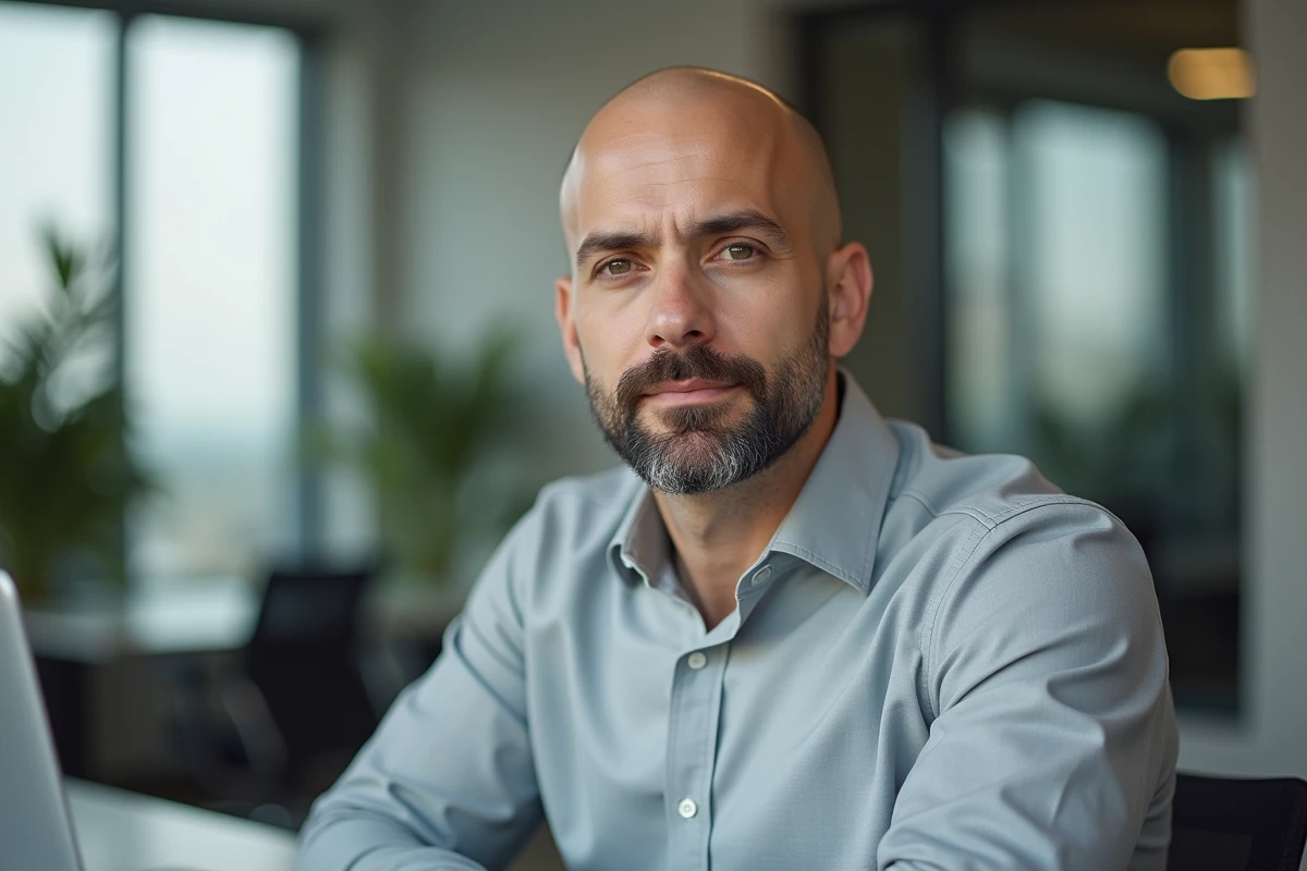 Homme chauve avec barbichette en environnement de bureau moderne, style professionnel