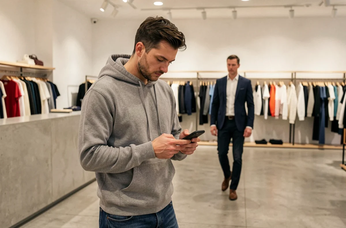 Candidat mal habillé consultant son téléphone pendant l'attente d'un entretien dans un magasin de mode, erreur de comportement professionnelle