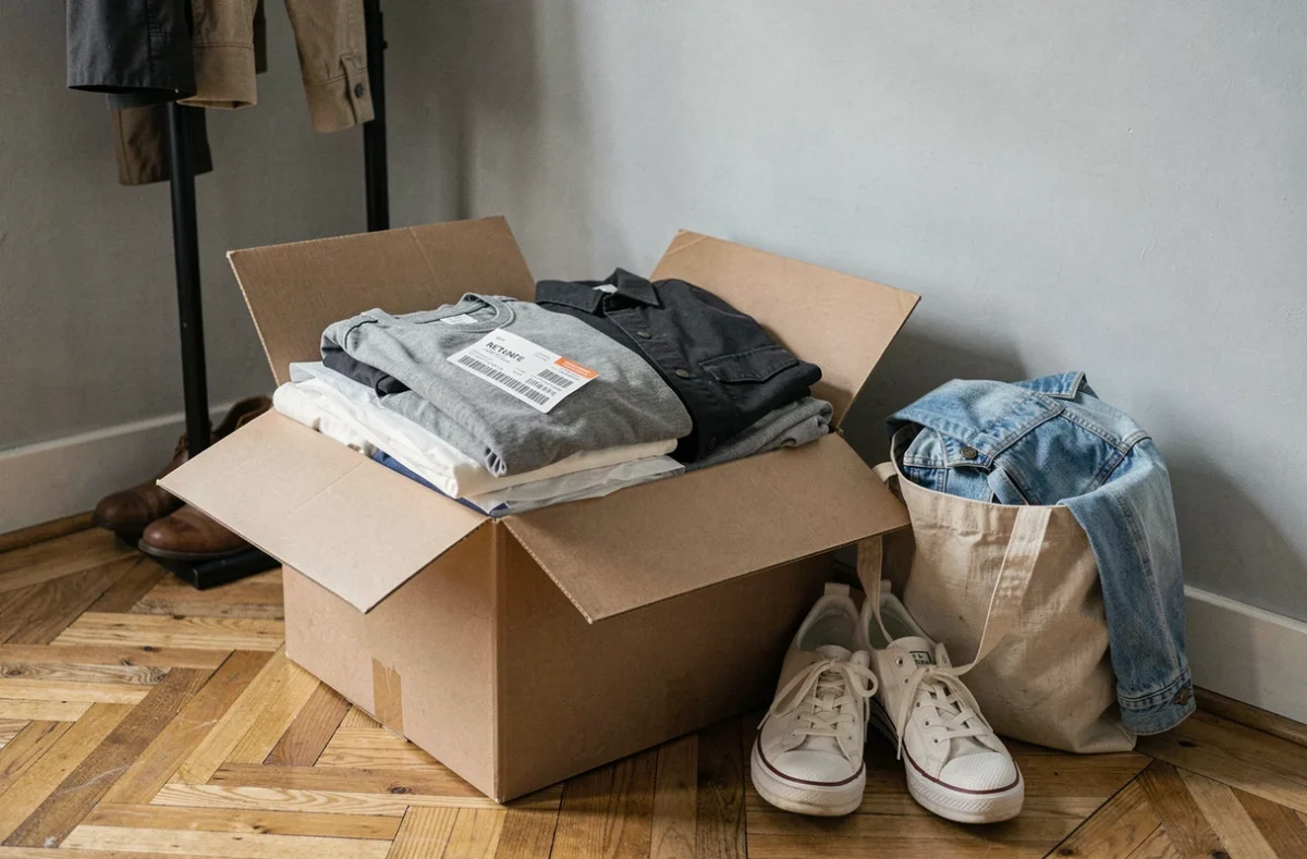 Carton d'expédition rempli de vêtements d'occasion prêts à être envoyés via le service de revente Sellpy
