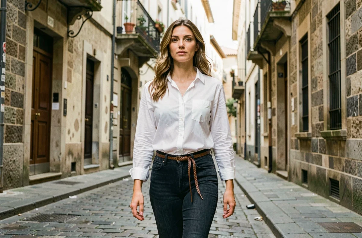 Femme en jean slim et chemise blanche avec une fine ceinture en cuir tressé marchant sur des pavés dans une rue européenne pittoresque