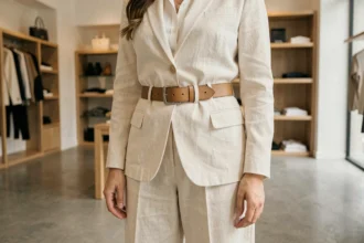 Femme portant une ceinture en cuir camel à la taille naturelle avec un blazer crème et un pantalon large, dans une boutique parisienne minimaliste