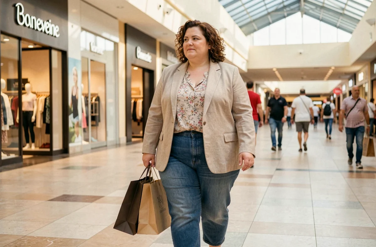 Une femme grande taille fait ses emplettes au Centre Commercial Bonneveine à Marseille