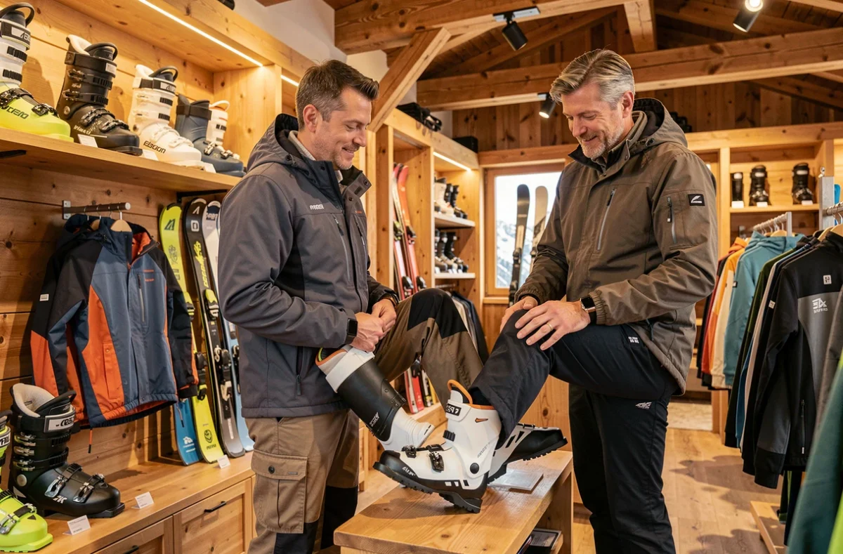 Essayage de chaussures de ski dans la boutique haut de gamme Chalet 1850 à l'ambiance chalet alpin