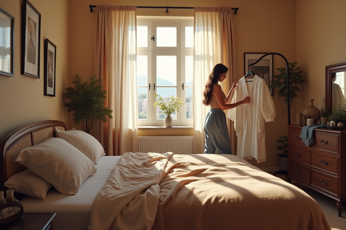 Personne choisissant une tenue dans une chambre chaleureuse