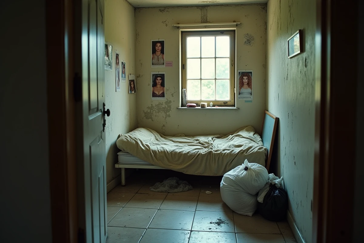 Chambre de fortune abandonnée avec matelas au sol et coupures de magazines de célébrités, évoquant la déchéance sociale après la vie sous les projecteurs d'Hollywood