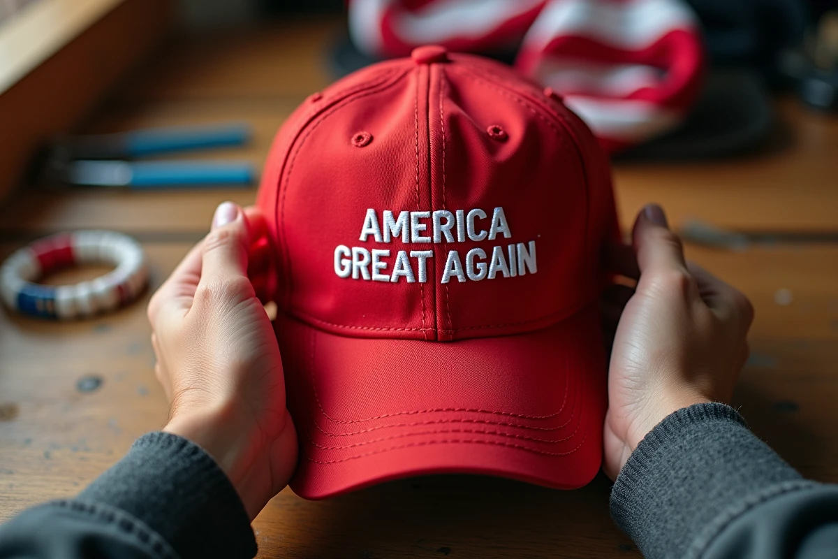 Gros plan sur un chapeau rouge MAGA tenu en main sur une table en bois lors de la préparation d'un cosplay Trump