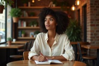 Femme métisse aux cheveux bouclés naturels assise dans un café, exprimant confiance et identité personnelle
