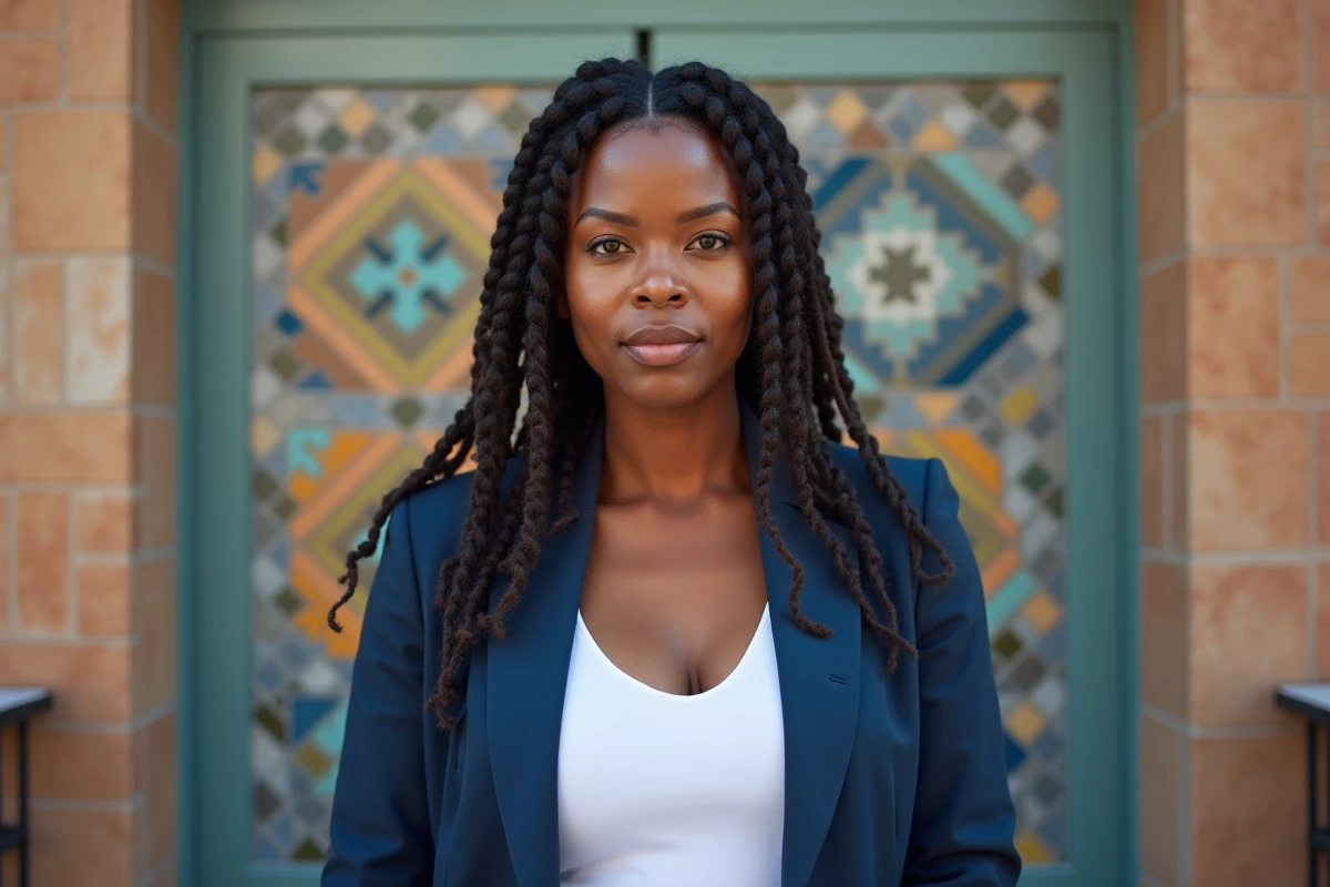 Femme aux locs devant un mur en mosaïque colorée symbolisant la diversité culturelle et l'identité