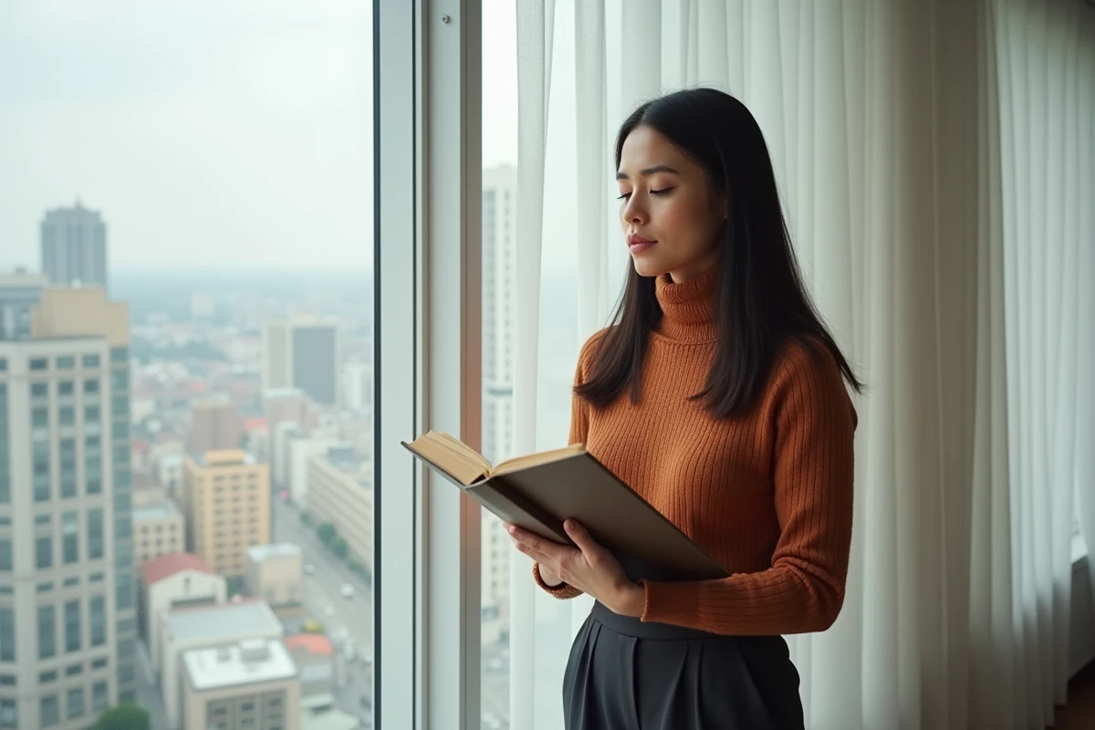 Femme biraciale tenant un livre près d'une fenêtre urbaine dans un appartement minimaliste, portrait introspectif sur l'identité