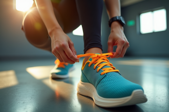 Femme nouant ses baskets sportives dans une salle lumineuse