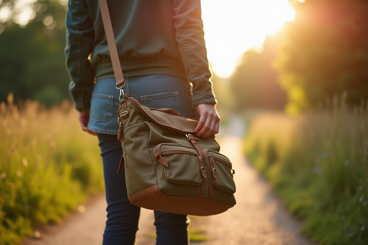 Personne dans la campagne portant un sac décontracté sur l