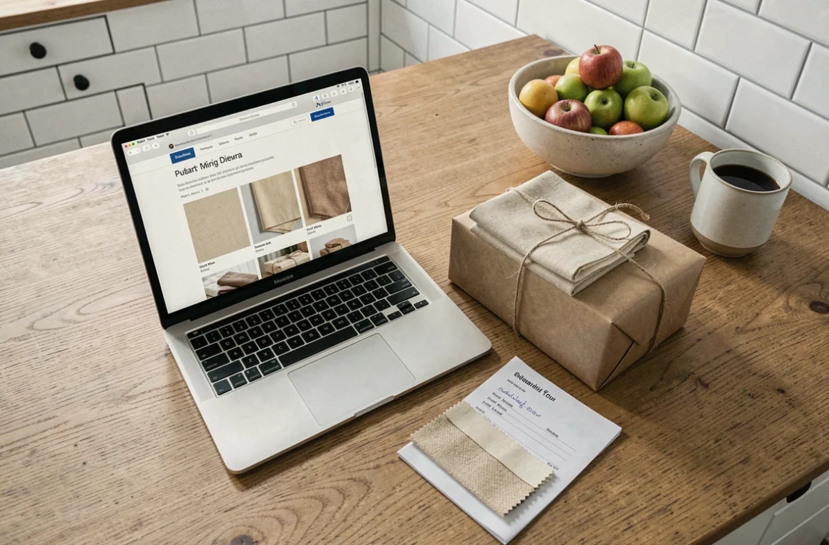 Colis de tissu reçu par commande en ligne ouvert sur une table de cuisine avec un ordinateur affichant un site de couture en ligne