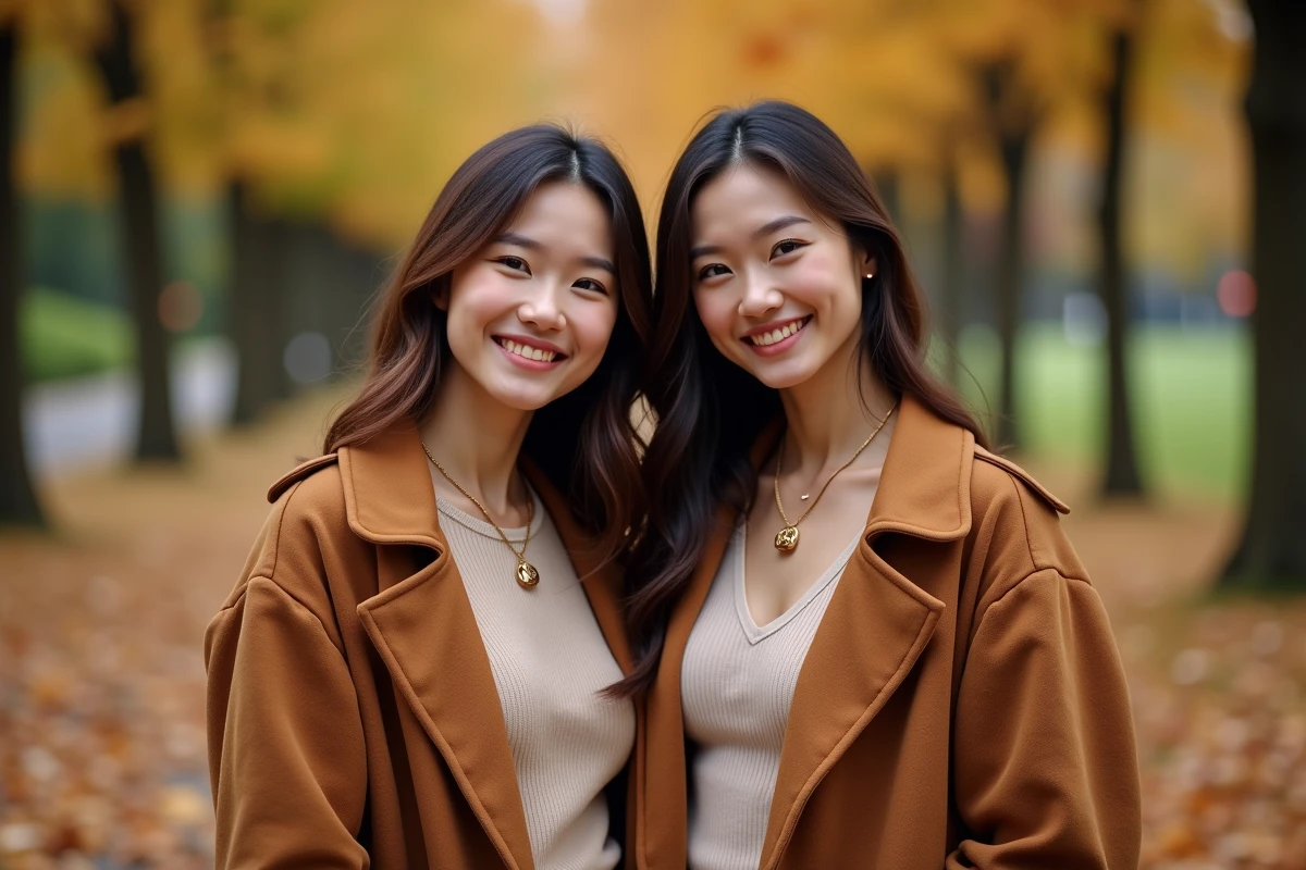Deux amies portant des colliers best friends assortis dans un parc en automne, feuilles dorées au sol