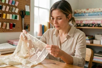 Femme inspectant de près un tissu en dentelle ivoire commandé en ligne sur un site de couture, assise dans un atelier de couture maison