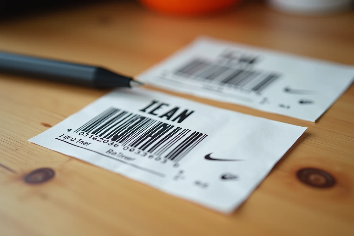 Gros plan sur deux étiquettes Nike comparant le format de code-barres UPC américain 12 chiffres et EAN européen 13 chiffres