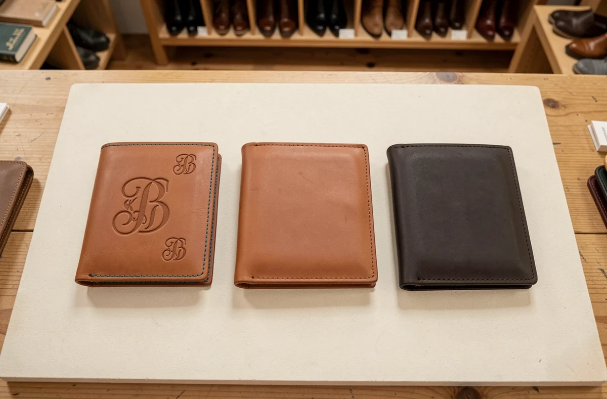 Comparaison de trois porte-monnaie personnalisables en cuir fabriqués en France sur ardoise dans une boutique artisanale