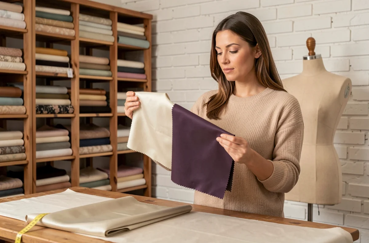 Femme comparant deux échantillons de tissu en soie dans un atelier de couture pour évaluer la qualité d'une commande en ligne