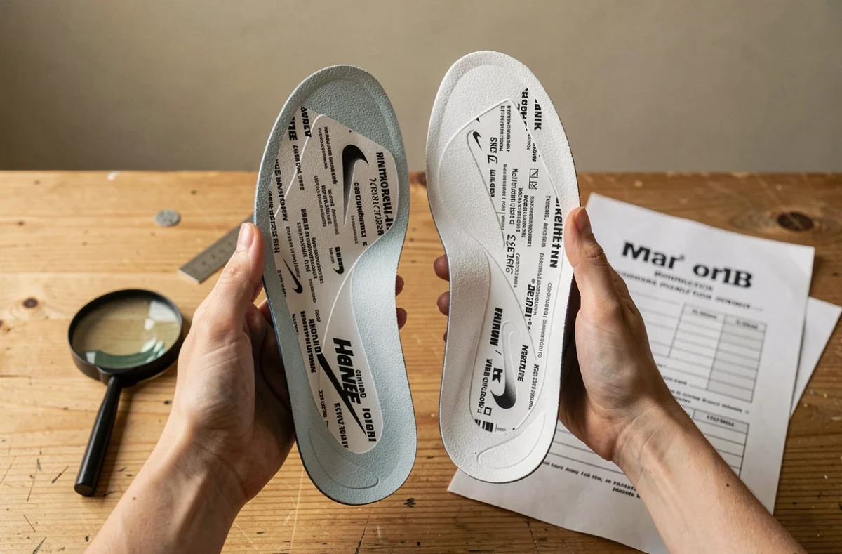 Mains féminines comparant deux semelles intérieures Nike pour identifier une contrefaçon grâce aux différences d'impression et de qualité