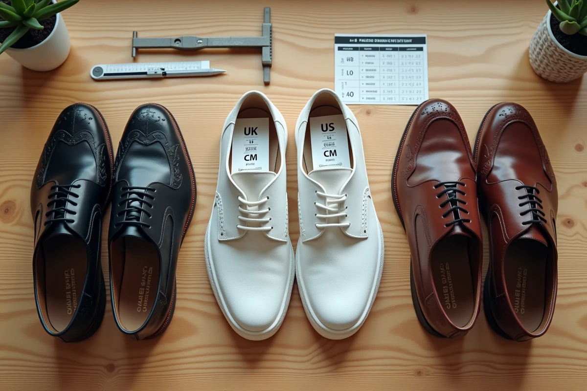 Vue de dessus d'un assortiment de chaussures avec des fiches de conversion de tailles UK, EU, US et CM posées à l'intérieur, sur un bureau en bois clair avec un guide des pointures imprimé