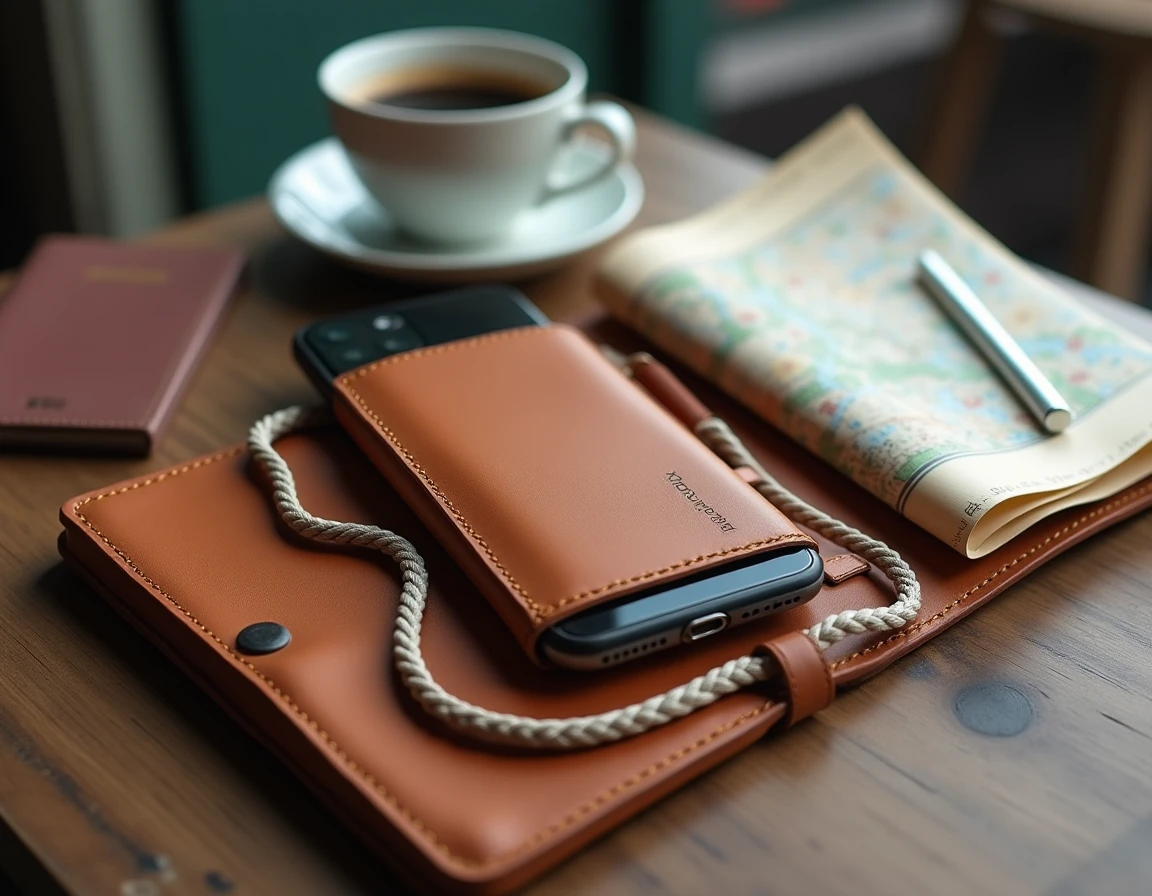 Coque de téléphone avec cordon en cuir posée sur une table de café lors d'un voyage