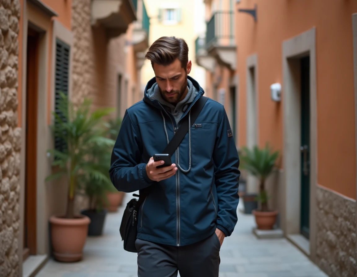 Homme explorant une ruelle avec une coque téléphone à cordon tour de cou lors d'un voyage