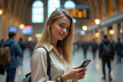Jeune femme avec une coque de téléphone à cordon dans une gare européenne pendant un voyage