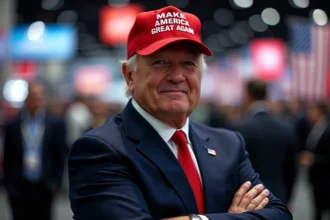 Homme en costume marine portant un chapeau rouge Make America Great Again lors d'un cosplay Trump en convention