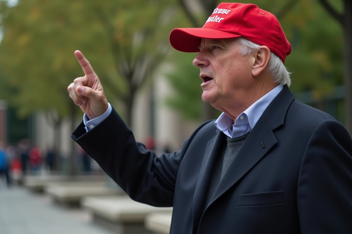 Homme en cosplay Trump gesticulant en discours dans une place publique avec chapeau rouge MAGA